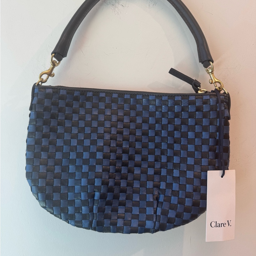 Clare V Black and Blue Checkered Woven Petit Moyen